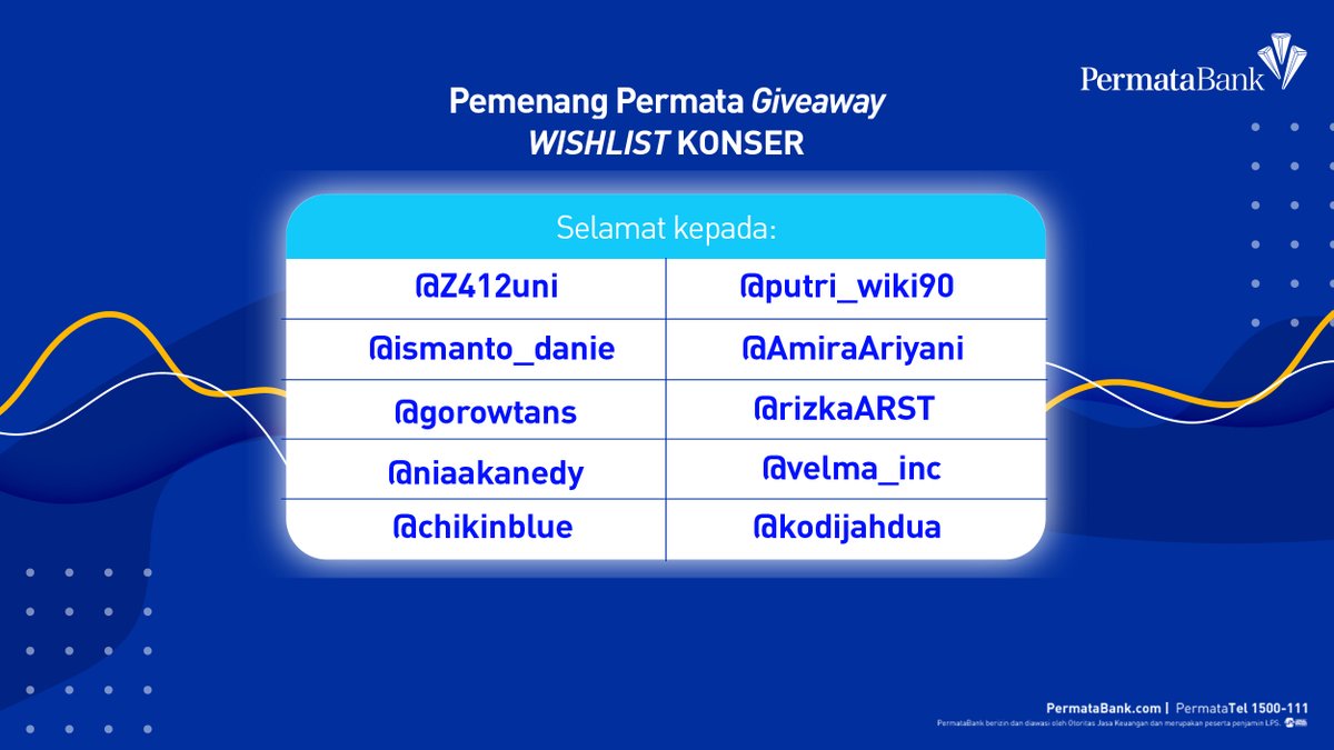 PermataBank's tweet photo. Selamat kepada para pemenang PermataGiveaway! Kalian berhak mendapatkan saldo e-Wallet senilai Rp100 ribu dan dapat segera menghubungi via DM akun resmi PermataBank.
HATI-HATI PENIPUAN! PermataBank tidak pernah meminta data perbankan (rekening, PIN, OTP, CVV) kepada nasabah. https://t.co/G5QN2JqB7V