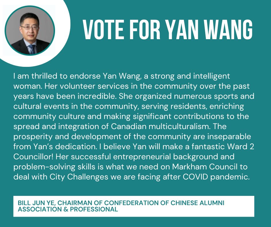 yanwangmarkham's tweet photo. Thanks Bill for your endorsement!

#municipalelections2022 #elections2022
#citycouncillor #markhamward2 #endorsements https://t.co/sllMcUSSVH