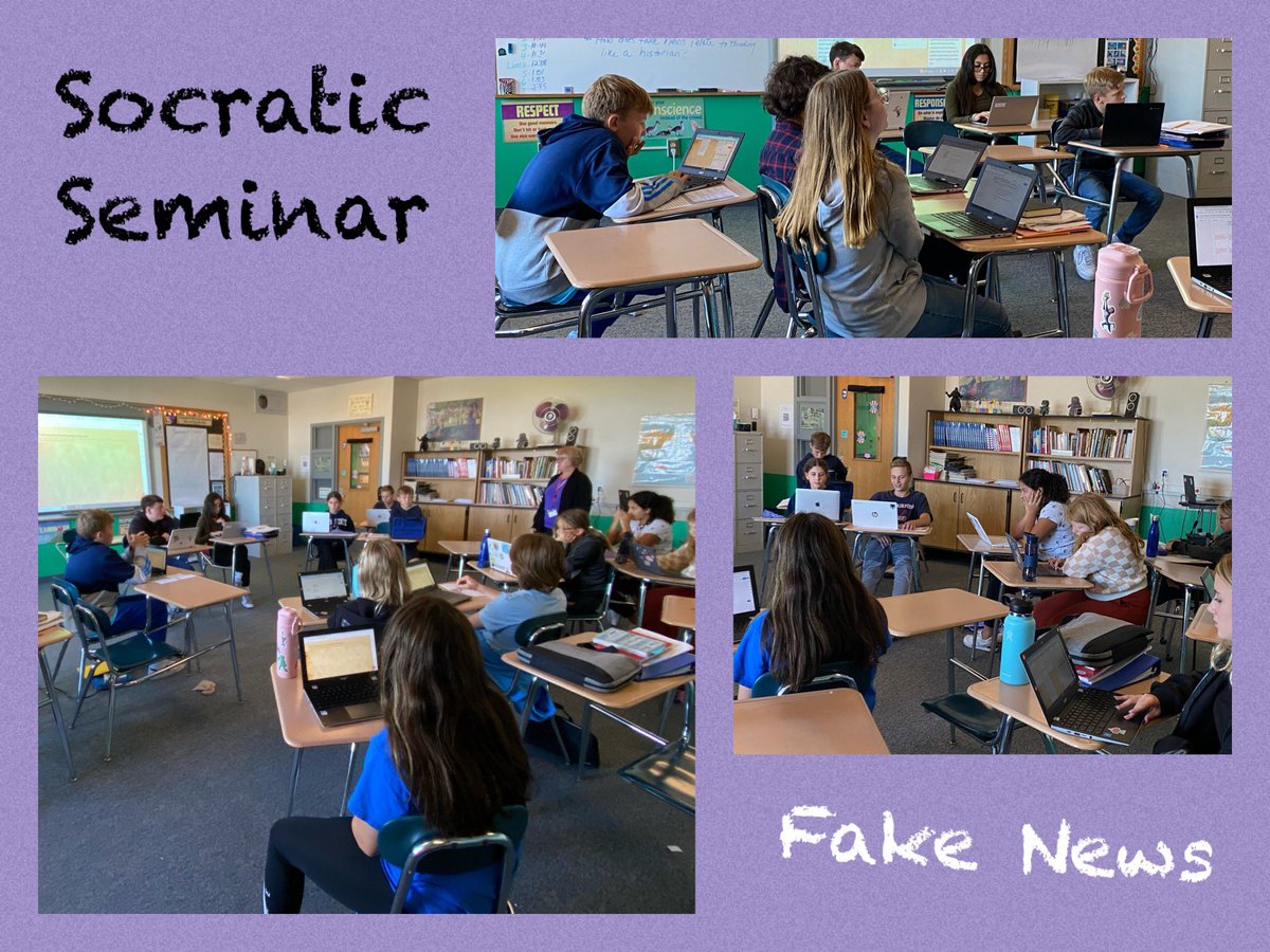 NFMiddlePurple's tweet photo. Socratic Seminar: Students use a variety of sources to determine if news is fake or real...What can we do to stop the spreading of fake news? #MrsCoffeyNFMS https://t.co/6w8vFyyCyh