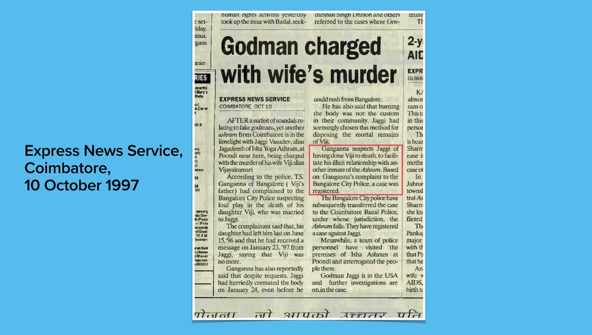 churumuri's tweet photo. “Godman charged with wife’s murder”

25 years ago, today, the @IndianExpress reported from Coimbatore in Tamil Nadu that Jaggi Vasudev alias Jagadeesh of Isha Yoga Ashram, had been charged with the murder of his wife, Viji alias Vijayakumari. @SadhguruJV https://t.co/ymUcqvWuiS