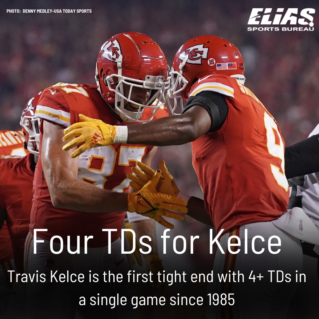 Elias Sports Bureau on Twitter: "What a night for Travis Kelce and the  Kansas City Chiefs. Kelce is the first tight end with 4+ receiving  touchdowns in a game since Jimmie Giles