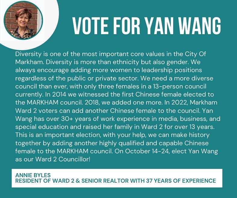yanwangmarkham's tweet photo. Thanks Annie for your endorsement!

#municipalelections2022 #elections2022
#citycouncillor #markhamward2 #endorsements https://t.co/Yfx2OJ3tcr