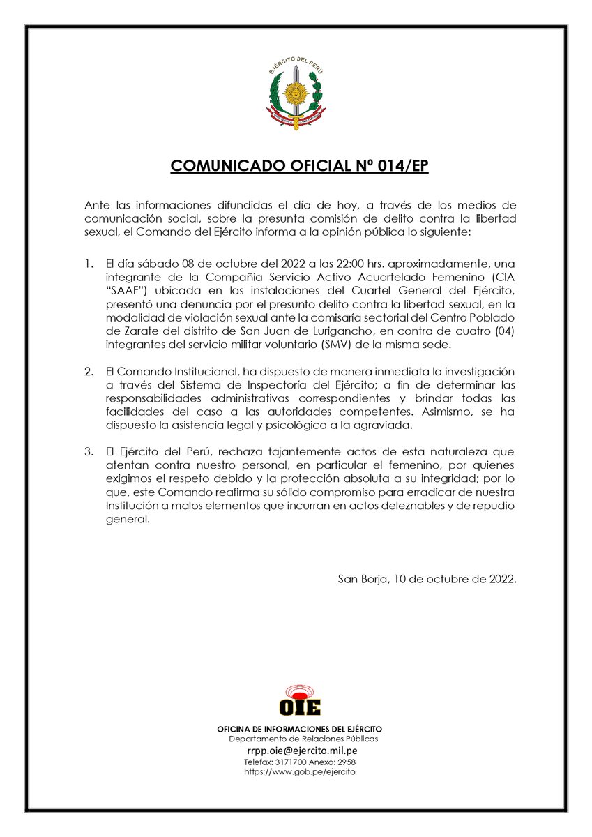 ejercito_peru's tweet photo. #COMUNICADO | Comunicado oficial Nº 14, el Ejercito del Perú informa lo siguiente: https://t.co/COAZ0gSWWp