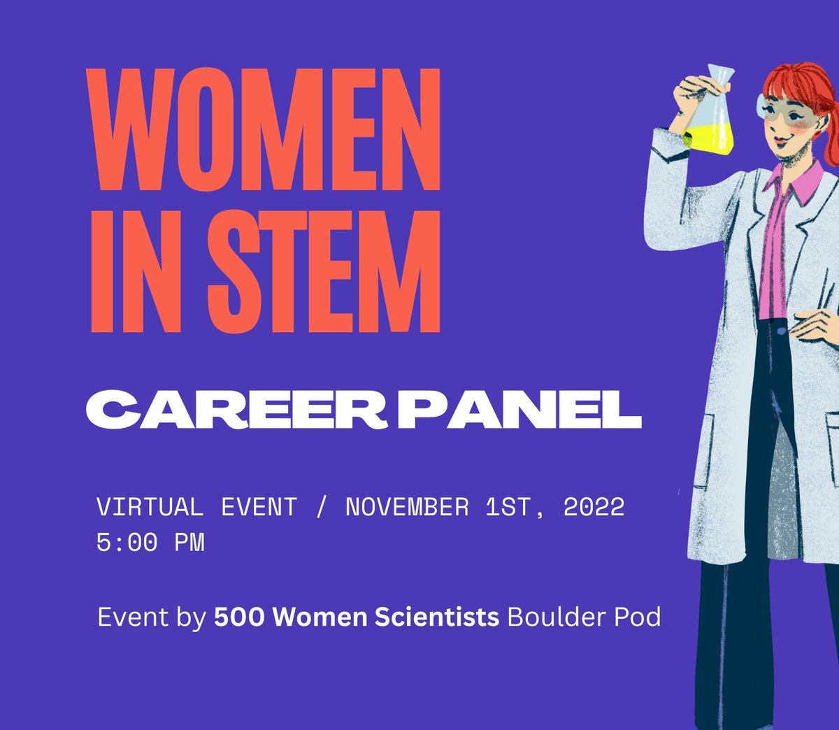 500womensciBLDR's tweet photo. We're excited to announce our upcoming career panel, featuring women scientists in different positions from academia to industry in various fields.
Sign up at https://t.co/2N8DfWCBN5. More info about panelists soon!
Please share especially with students and young professionals https://t.co/vmnERWdeIg