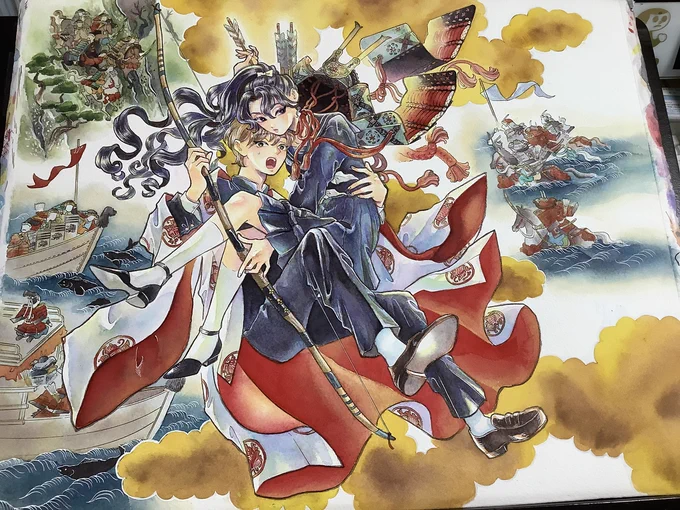 平家物語夜異聞 一巻 単行本表紙 メイキング #漫画 #オリジナル #平家物語 #日本史 #透明水彩 #ホルベイン #ラブコメ #夜くん沙羅ちゃん #アナログ水彩画 #シュミンケホラダム https://t.co/ClGMlRT7wB 