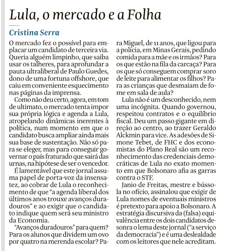 RenzoMora's tweet photo. A ⁦@CristinaSerraBR⁩ em um corajosa coluna na ⁦@folha⁩ sobre o próprio jornal em que escreve https://t.co/63OevFACAZ