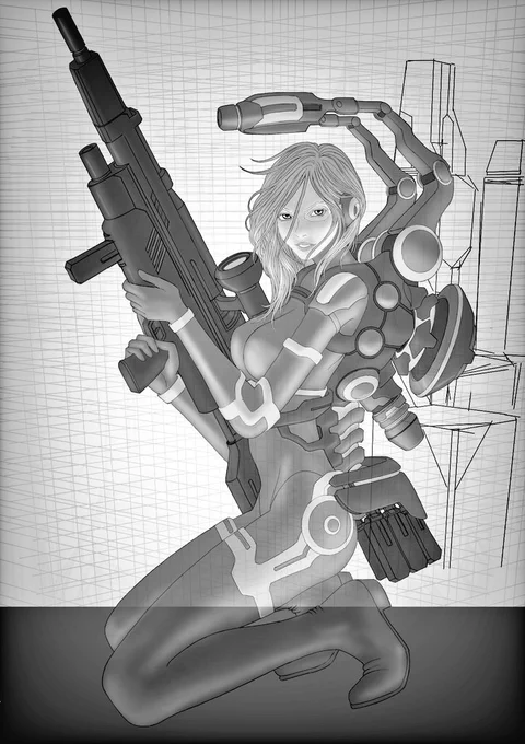 ⑤気に入った線が決まったら、0.7フェードペンで清書します。線画命なのでここはかなり頑張ります。⑥塗り工程開始我流グリザイユで陰影⑦オーバーレイで色乗せ⑧発光レイヤーでハイライトを入れてだいたい完成です。※オーバーレイで全体の色調を調整したり決まったパターンはありません 