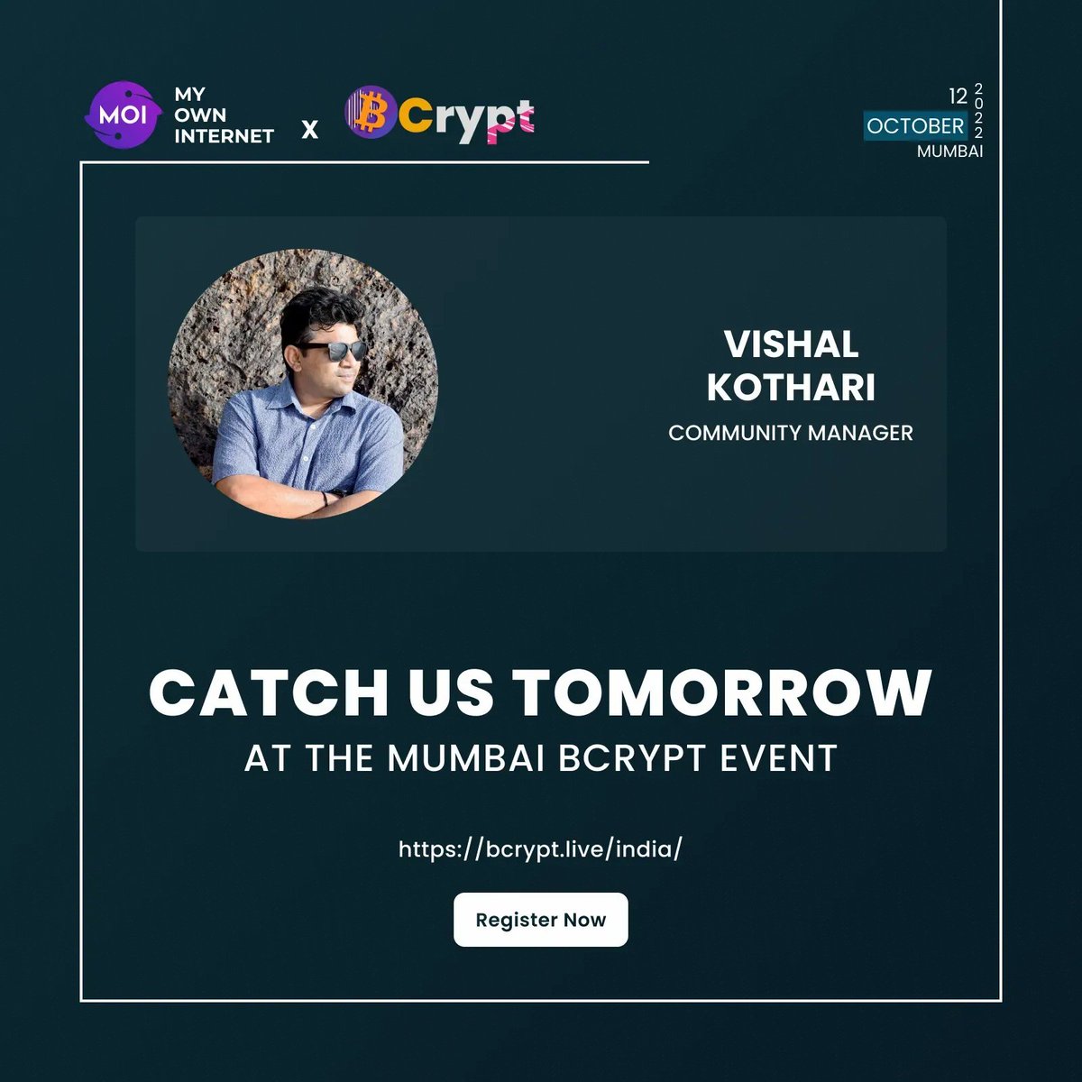 MOI_Tech's tweet photo. If you are attending #BCrypt #Mumbai, get a chance to interact with our Head of Community @VishalHKothari
#web3community #MyOwnInternet #Web4All https://t.co/GA4VoqMP4Y