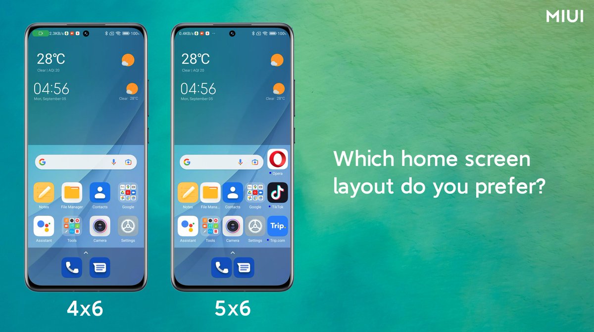 MiBangladesh's tweet photo. How would you like your home screen to be displayed?
a. 4 x 6 grid
b. 5 x 6 grid
#MIUI #XiaomiBangladesh #homescreenlayout https://t.co/L4fOGYVSp5