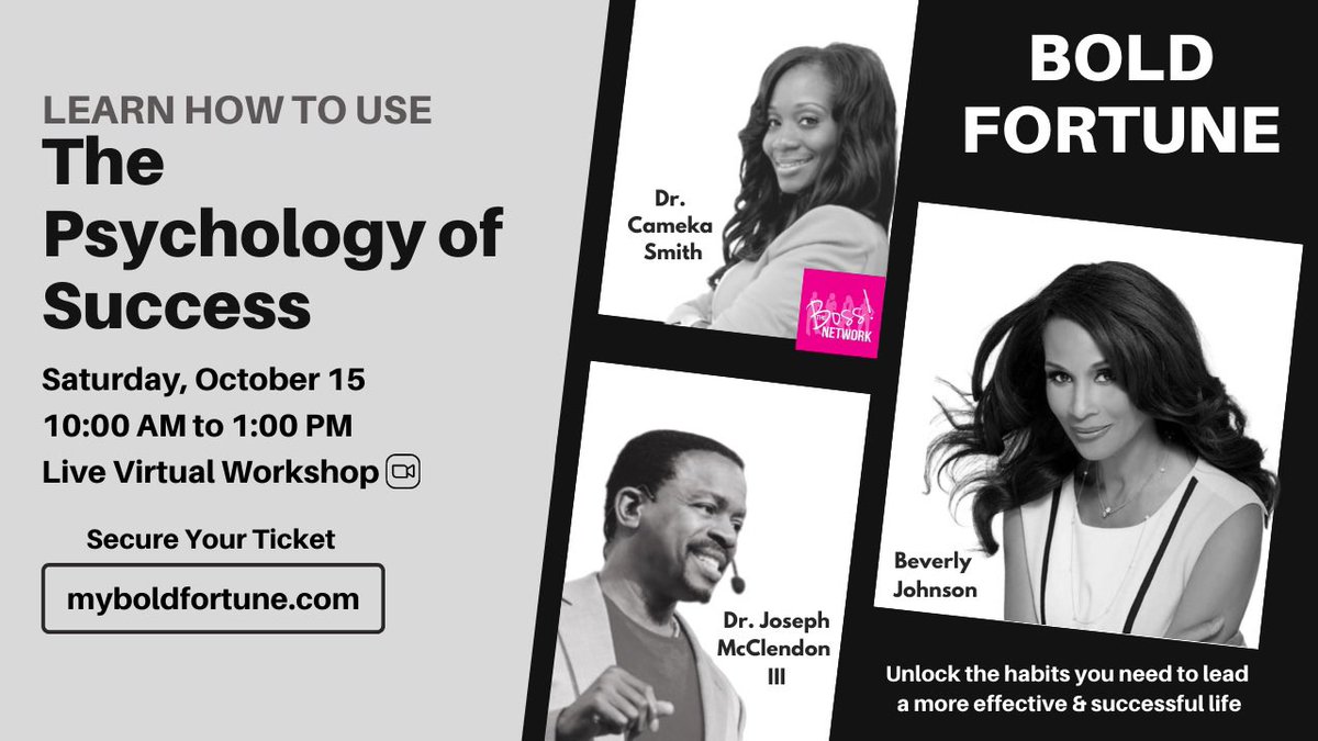I'm co-hosting a private virtual workshop on the psychology of success, Sat., Oct. 15, from 10am to 1pm PST. I’ll be joined by <a href="/TheBOSSNetwork/">The BOSS Network</a> Founder <a href="/iamCameka/">Cameka Smith</a> and Dr. @IamJosephMcClendon III, Ph.D., who specializes in neuropsychology.