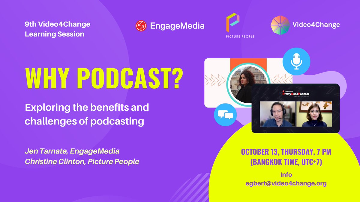 video4change's tweet photo. Few days to go! Join the next #Video4Change Learning Session!
Jen Tarnate of @EngageMedia and Christine Clinton of @Picture__People will share how they have used podcasts to reach and engage new audiences to further their organisations’ advocacies.
https://t.co/QuFfMJhrpr https://t.co/330e9ztENQ