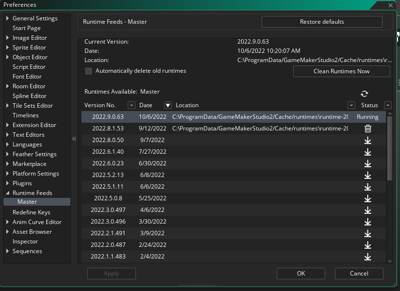 MashArcade's tweet photo. Hey, #gamemaker friends! Go to File > Preferences > Runtime Feeds > Master. I've bet you've got gigs of old runtimes just sitting uselessly on your hard drive! Take a load off and adjust settings or delete them here. Retweet this and spread the good word. https://t.co/bBbC3zrutA