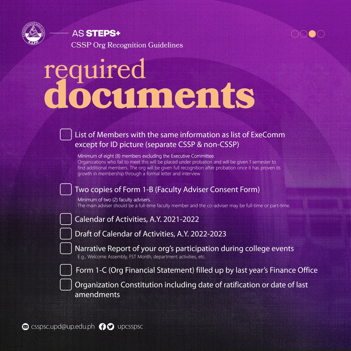 upcsspsc's tweet photo. #ASsteps+: CSSP Org Recognition
Calling all CSSP Organizations, Alliances, and Formations! π£ Are you still unsure of the process and requirements for this year's Org Recognition? https://t.co/msPncTcCZ8