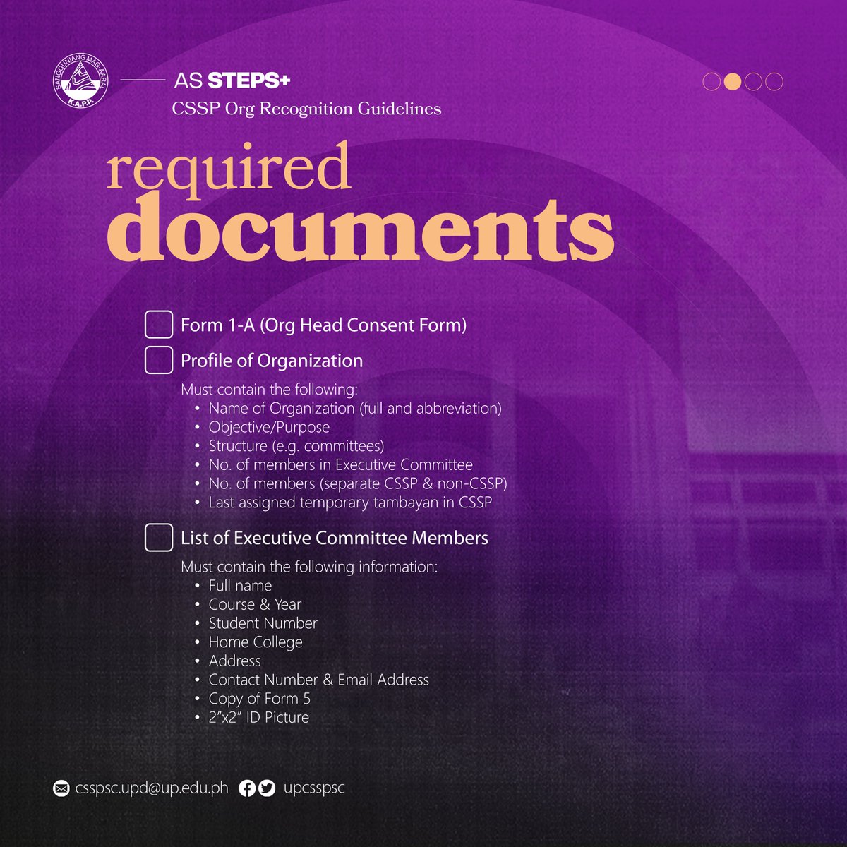 upcsspsc's tweet photo. #ASsteps+: CSSP Org Recognition
Calling all CSSP Organizations, Alliances, and Formations! π£ Are you still unsure of the process and requirements for this year's Org Recognition? https://t.co/msPncTcCZ8