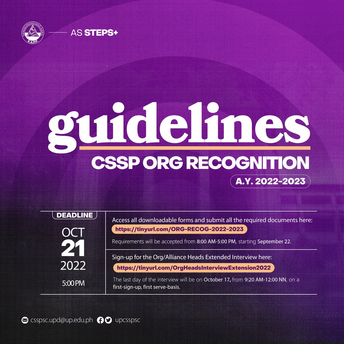 upcsspsc's tweet photo. #ASsteps+: CSSP Org Recognition
Calling all CSSP Organizations, Alliances, and Formations! π£ Are you still unsure of the process and requirements for this year's Org Recognition? https://t.co/msPncTcCZ8