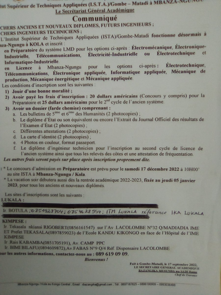 BotulaMerdi's tweet image. Les inscriptions à l'ista Gombe Matadi à mbanza ngungu ont déjà débuté, les nouveaux diplômé et les anciens diplômé en techniques c'est l'ista Gombe Matadi qu'il vous faut.

Cordiales bienvenus à tous !