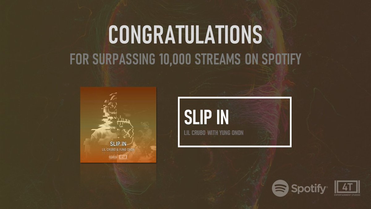 4TEStudios's tweet photo. Congratulations @YungOnon and @LilCrubo for surpassing 10,000 streams on Spotify with #SlipIn. 

This milestone was achieved on September 25, 2022 and becomes Lil Crubo's third and Yung Onon's first song to achieve this milestone 🥳🎉1️⃣0️⃣0️⃣0️⃣0️⃣ https://t.co/CUMMlINqma