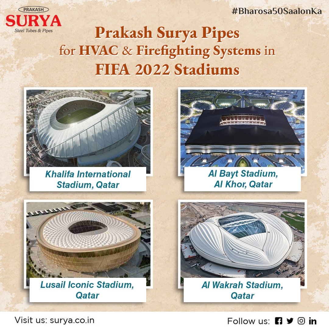 SuryaPipes's tweet photo. These are the Fifa Stadiums where Prakash Surya Pipes have been used for HVAC and Firefighting Systems

Visit us at- https://t.co/e3pSGO48rF

#PrakashSuryaPipes #ERWPipes #Fifa2022 #Fifa2022Stadiums #HVACSystem #FireFightingPipes #India #Construction #Pipes #StadiumConstruction https://t.co/E0mgWA32pX