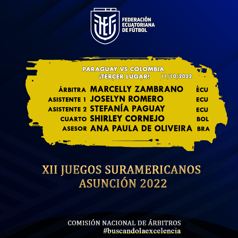🔝Árbitras🇪🇨 designadas para el ¡tercer lugar!👏

⚽Campeonato Femenino

🏆XII Suramericanos Asunción 2022
<a href="/asu2022oficial/">Asunción 2022</a> 

¡Éxitos!
 
#buscandolaexcelencia