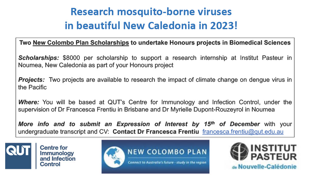 QUT Centre for Immunology & Infection Control (@qut_ciic) on Twitter photo Two x's $8000 honours #Scholarships to undertake research in mosquito-born viruses <a href="/QUT_CIIC/">QUT Centre for Immunology & Infection Control</a> #mosquito #Dengue #climatechange #mosquito #Dengue #climatechange Follow link for more information
tinyurl.com/mt9rbxn2 Two x's $8000 honours #Scholarships to undertake research in mosquito-born viruses <a href="/QUT_CIIC/">QUT Centre for Immunology & Infection Control</a> #mosquito #Dengue #climatechange #mosquito #Dengue #climatechange Follow link for more information
tinyurl.com/mt9rbxn2