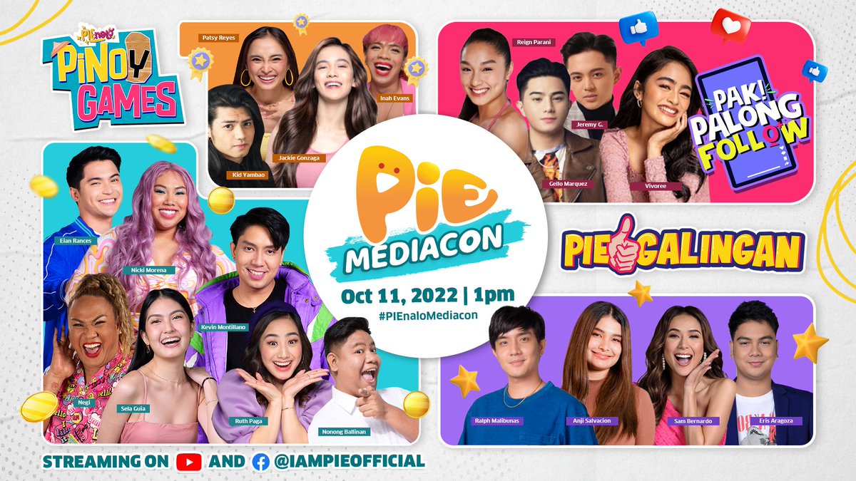 ABSCBN's tweet photo. Maki-bonding kasama sina Eian Rances, Sam Bernardo, Jeremy G, Anji Salvacion at marami pang iba sa #PIEnaloMediacon hosted by Karen Bordador ngayong 1pm streaming LIVE WORLDWIDE sa Facebook page at YouTube channel ng @iampieofficial! https://t.co/ttRiQDWBFq