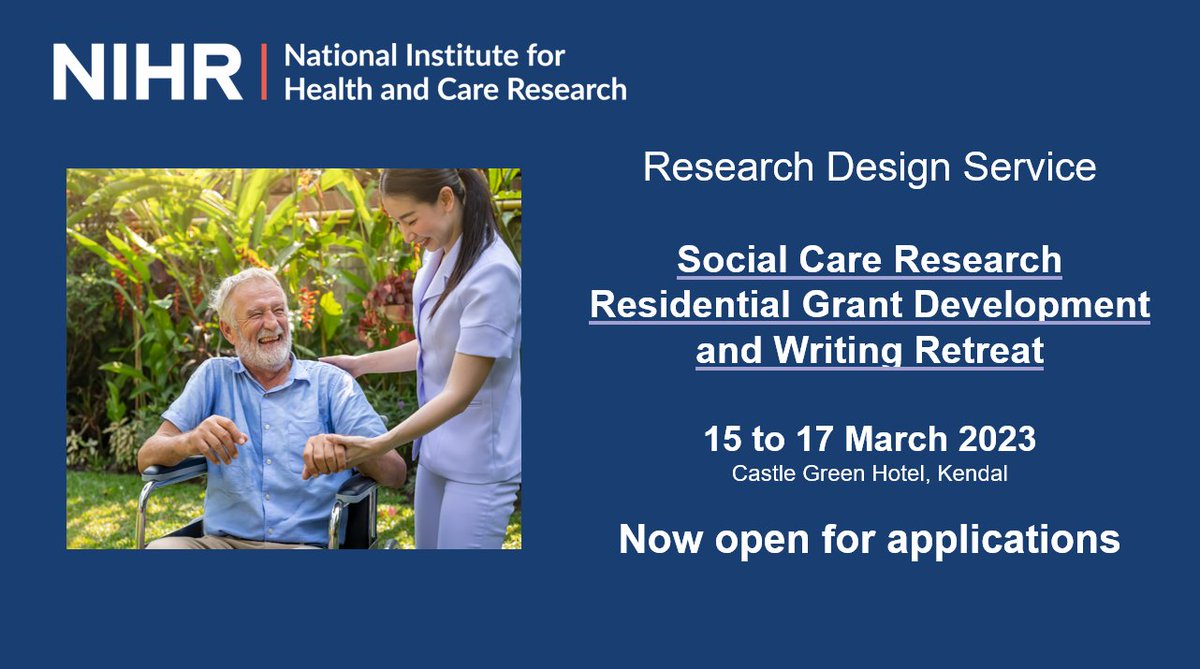 Applications now open! Rapidly progress your #socialcare research proposal. Enjoy dedicated writing time, access to a range of Research Design Service advisers &amp; one to one support, whilst making new connections in the idyllic Lake District. Find out more👉rds-nw.nihr.ac.uk/rds-social-car…
