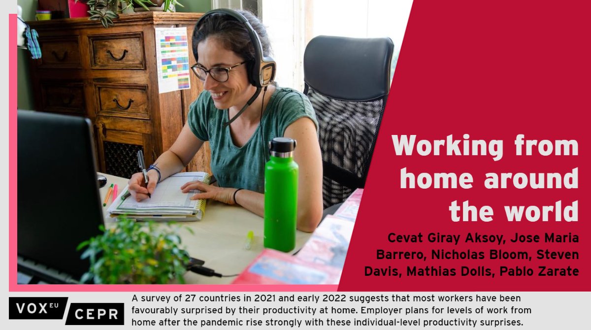 VoxEU (@voxeu) on Twitter photo A survey of 27 countries in 2021-22 finds that most workers have been greatly surprised by their productivity at home. Employer WFH plans rises w/ these productivity surprises.
<a href="/cevatgirayaksoy/">Cevat Giray Aksoy</a>, <a href="/Jose_MariaRD/">Jose Maria Barrero</a>, N Bloom, S Davis, <a href="/MathiasDolls/">Mathias Dolls</a> <a href="/PabloZarate98/">Pablo Zarate</a>
ow.ly/QszG50L5xGn A survey of 27 countries in 2021-22 finds that most workers have been greatly surprised by their productivity at home. Employer WFH plans rises w/ these productivity surprises.
<a href="/cevatgirayaksoy/">Cevat Giray Aksoy</a>, <a href="/Jose_MariaRD/">Jose Maria Barrero</a>, N Bloom, S Davis, <a href="/MathiasDolls/">Mathias Dolls</a> <a href="/PabloZarate98/">Pablo Zarate</a>
ow.ly/QszG50L5xGn