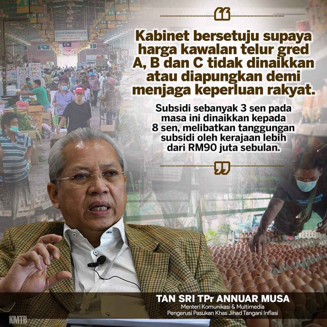 Tambahan subsidi oleh kerajaan bagi memastikan harga telor tidak naik atau diapungkan. - Pasukan Khas Jihad Tangani Inflasi #PKJTI <a href="/AnnuarMusa/">Annuar Musa</a> <a href="/MalaysiaPMO/">Pejabat Perdana Menteri Malaysia</a> <a href="/tunfaisal/">Tun Faisal</a>