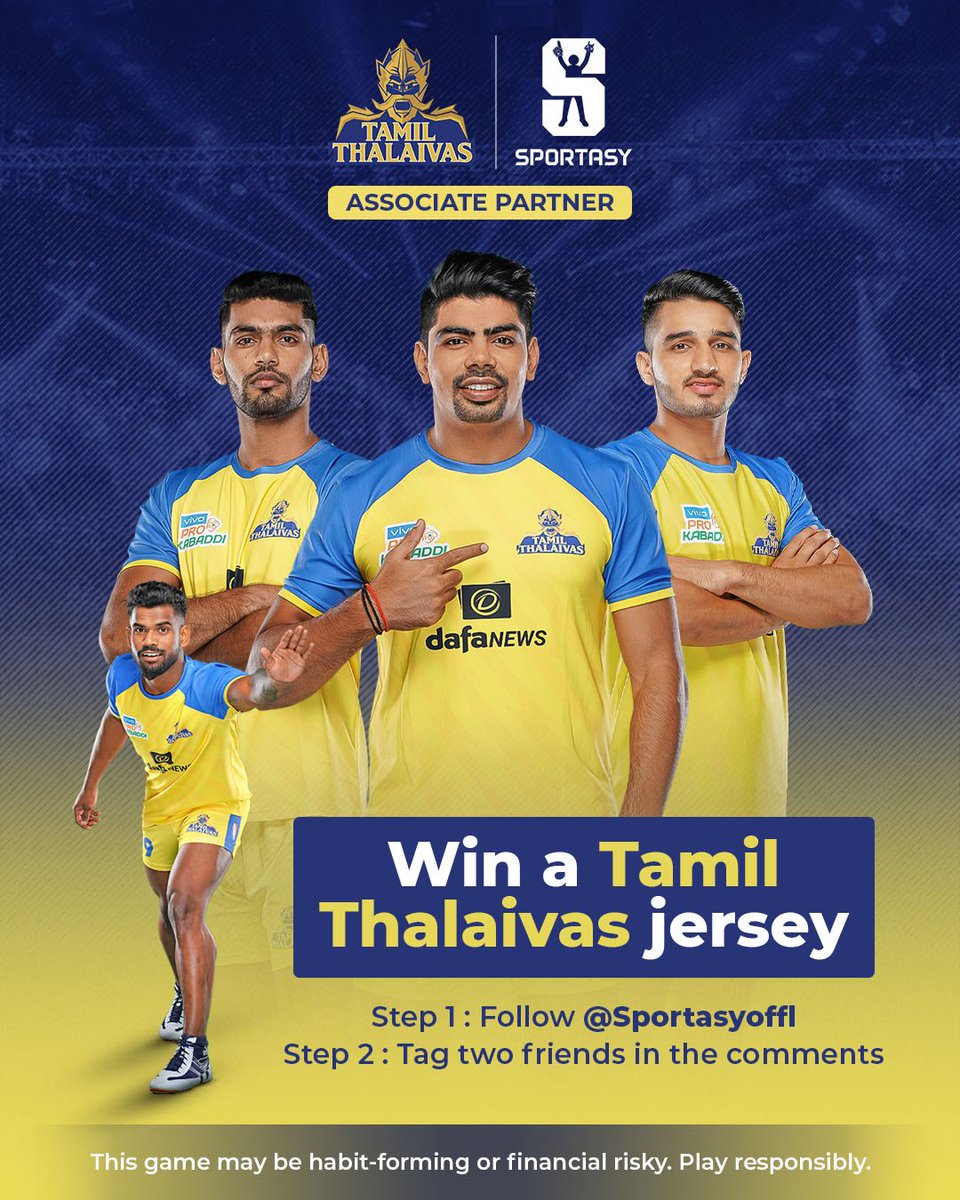 tamilthalaivas's tweet photo. 💥 Namma Thalaivas Jersey Giveaway — Powered by our associate partner @Sportasyoffl!

1️⃣ Follow us @tamilthalaivas and  @Sportasyoffl  2️⃣ Tag two friends in the comments below

#TamilThalaivas #IdhuNammaTeam #Sportasy #YehaiChampionsKaKhel https://t.co/4cjmaSnULq