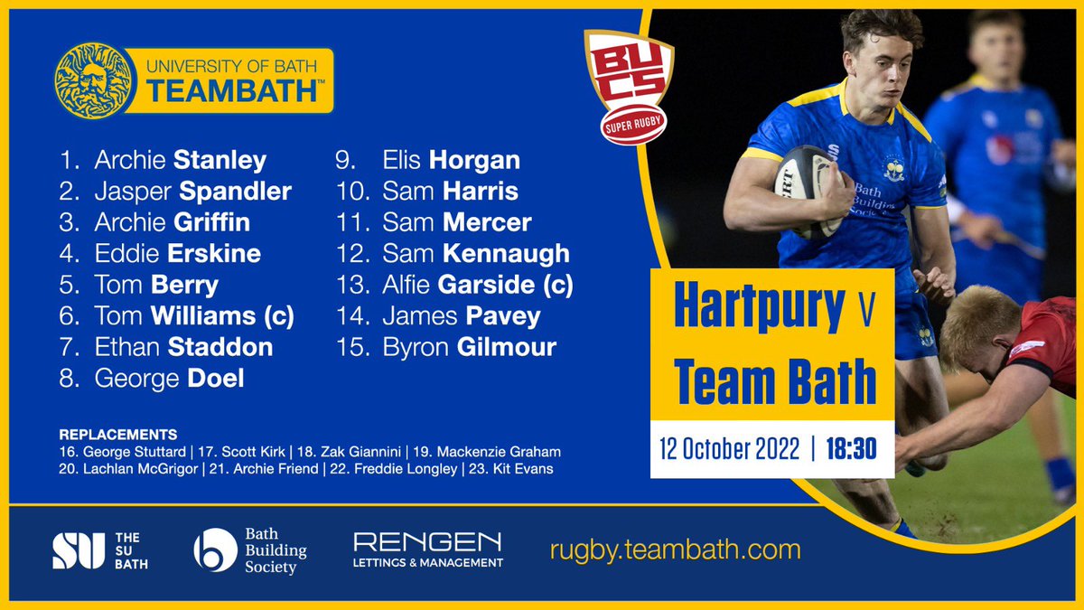 Our 1st XV travel to Hartpury for their next <a href="/BUCSSuperRugby/">BUCS Super Rugby</a> game of the season. Coming off a comprehensive win against Leeds Beckett last week, the boys are oozing with confidence 

#BUCS #BUCSSuperRugby #BATHAR
