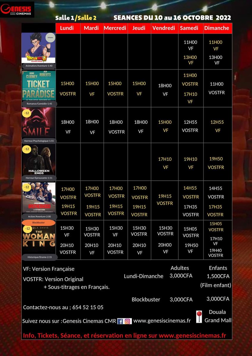 Ledawa's tweet photo. PROGRAMME DE LA SEMAINE
#CANALOLYMPIABESSENGUE
#CANALOLYMPIAYAOUNDE1
#CINEMAEDEN
#GENESISCINEMAS
#DOPE #DCLP #YCLM
#DOUALACESTLAPUISSANCE
#YAOUNDECESTLAMAGIE https://t.co/AVJlGHrPTd