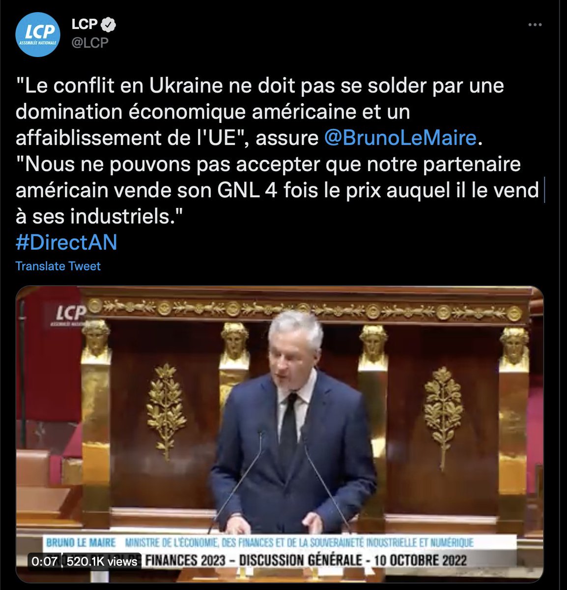 EmanueleDolce's tweet image. Ministro dell&apos;Economia francese: &quot;La guerra in Ucraina non deve portare al dominio economico americano e all&apos;indebolimento dell&apos;UE. Non possiamo accettare che gli USA ci vendano il GNL a 4 volte il prezzo a cui lo vendono ai propri industriali&quot;.

Non lo senti che cambia il vento?