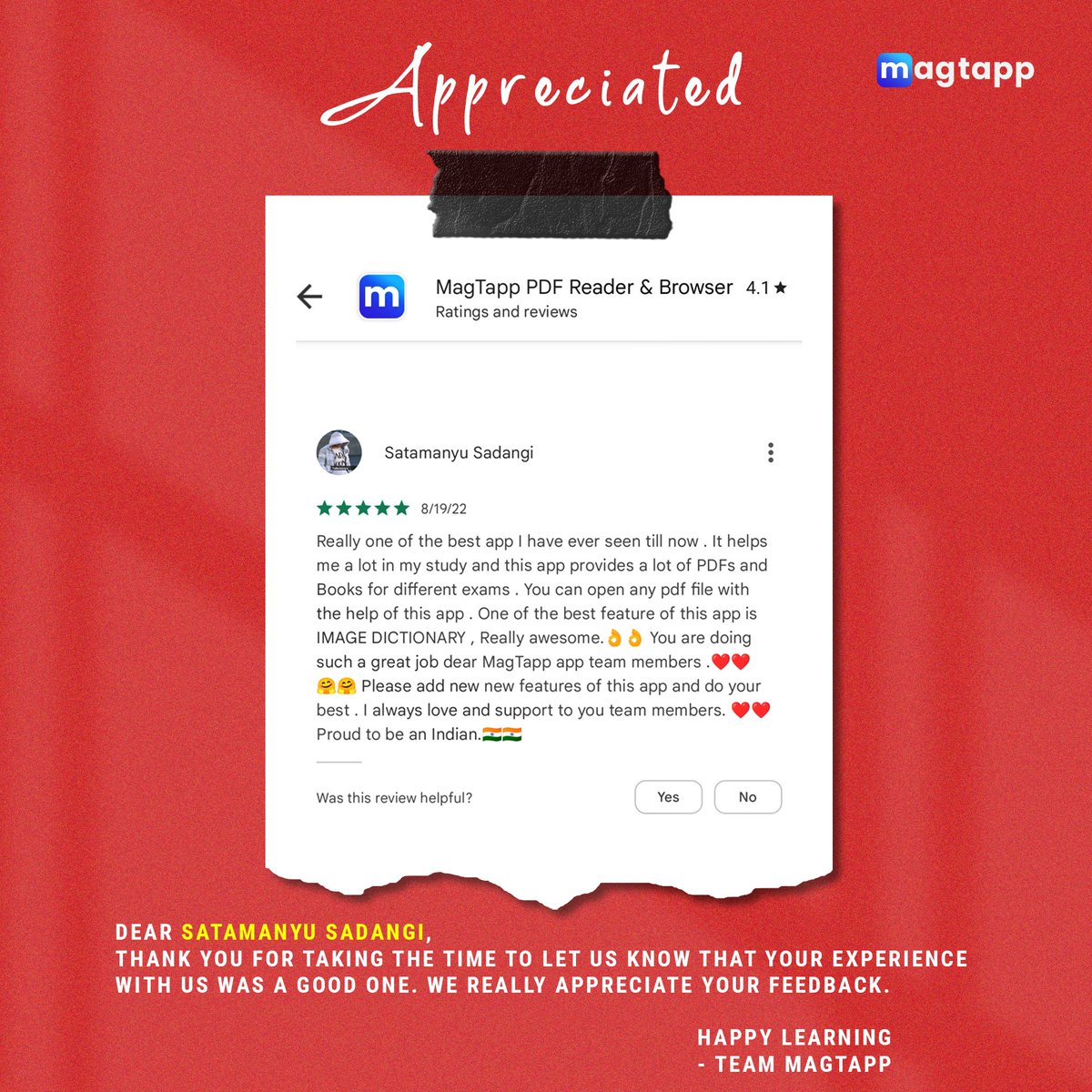 magtappindia's tweet photo. Dear Satamanyu Sadangi | It is delightful to hear such positive words and it's always a pleasure to serve our users. #magtapp #magtappindia #userexperience #userreview #visualwebbrowser #visualquizzes #googleplaystore #videocourses #FreeApp https://t.co/hY4r47o42I