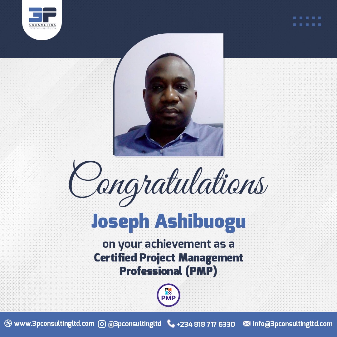 3pconsultingltd's tweet photo. Congratulations Joseph Ashibuogwu on your PMP Certification. We at 3P Consulting Limited are proud and happy to be part of your success story. Kudos on this win and cheers to more ahead. #pmpcertification #pmpcertified #projectmanagementprofessional #winningteam #successmindset https://t.co/rVbPLpwMzo