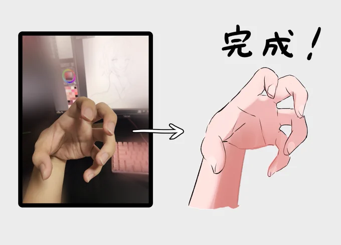 簡単な手の描き方
①手の写真を撮る
②貼って透明度を下げる
③トレースする
④適当に色塗りして形を整える 