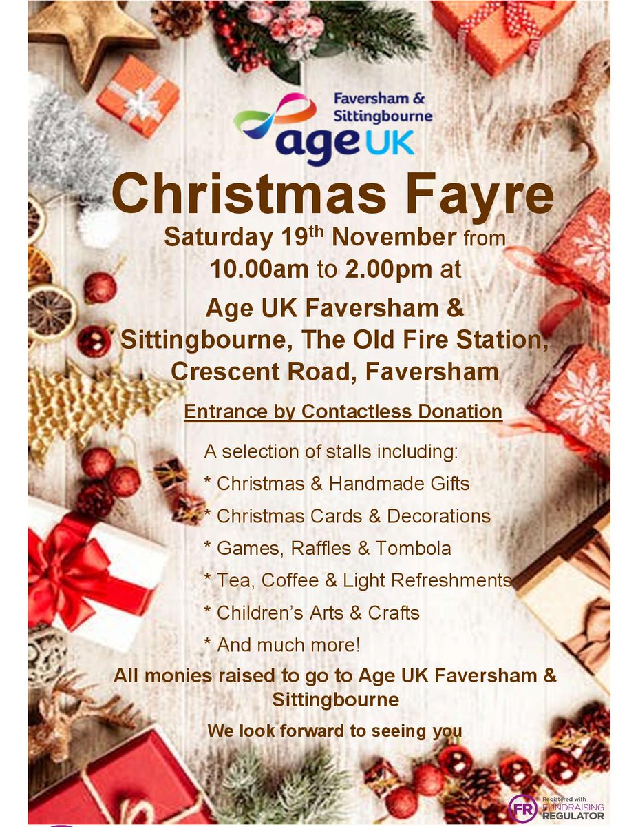 Our CHRISTMAS FAYRE 2022!
Save the date onto your calendars &amp; into your diaries and come along &amp; join us for a festive filled day.
#AgeUKFS #ChristmasFayre #Faversham #Sittingbourne #CharityFayre