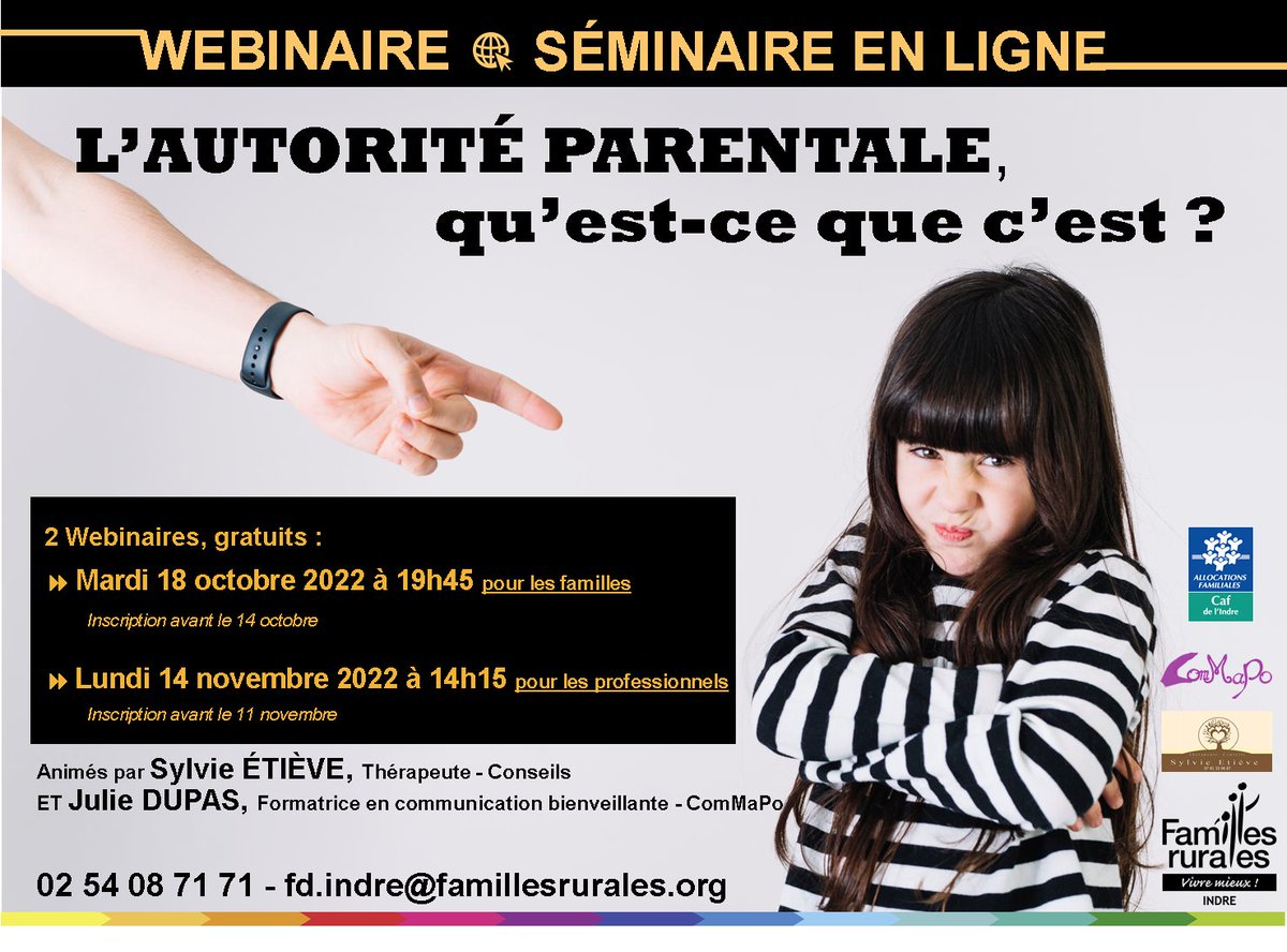 Syleti's tweet photo. Pas facile d'être parent aujourd'hui.
Familles Rurales propose un webinaire pour parler de l'autorité parentale.
Je serai avec Julie Dupas pour échanger avec vous en ligne.
2 dates possibles, et c'est gratuit !
Et RV le mardi 18 octobre pour en parler sur BipTV. https://t.co/YUsim92gq1