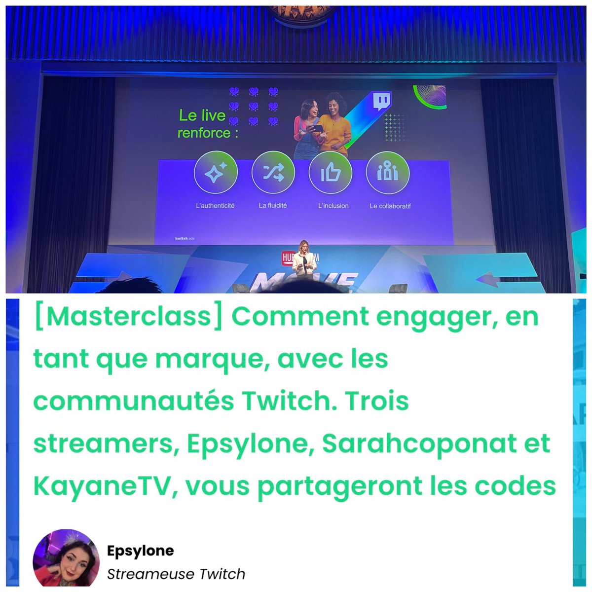 “Le live renforce l’authenticité, la fluidité, l’inclusion et le collaboratif“

#twitch est mis à l’honneur par sa masterclass en compagnie de la streameuse <a href="/epsylonetattoo/">epsylone 💜✏️</a> !! 🎙️

#HUBFORUM