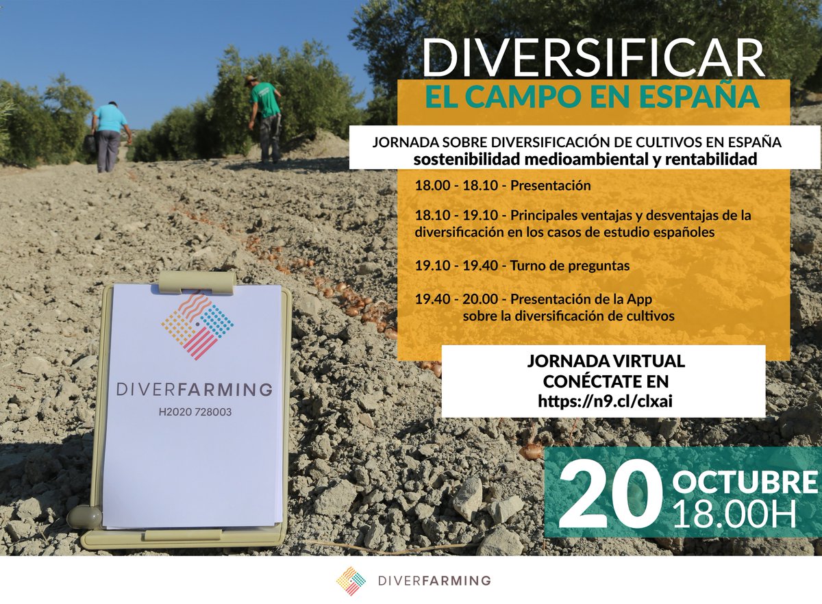 🌿🌾🌳 ¡Tenemos los resultados de la diversificación de cultivos en España y queremos contártelo!

📆El 20 de octubre a partir de las 18.00 celebramos un seminario online para compartir la experiencia y resultados que hemos obtenido en estos 5 años

Info 👉diverfarming.eu/index.php/es/n…
