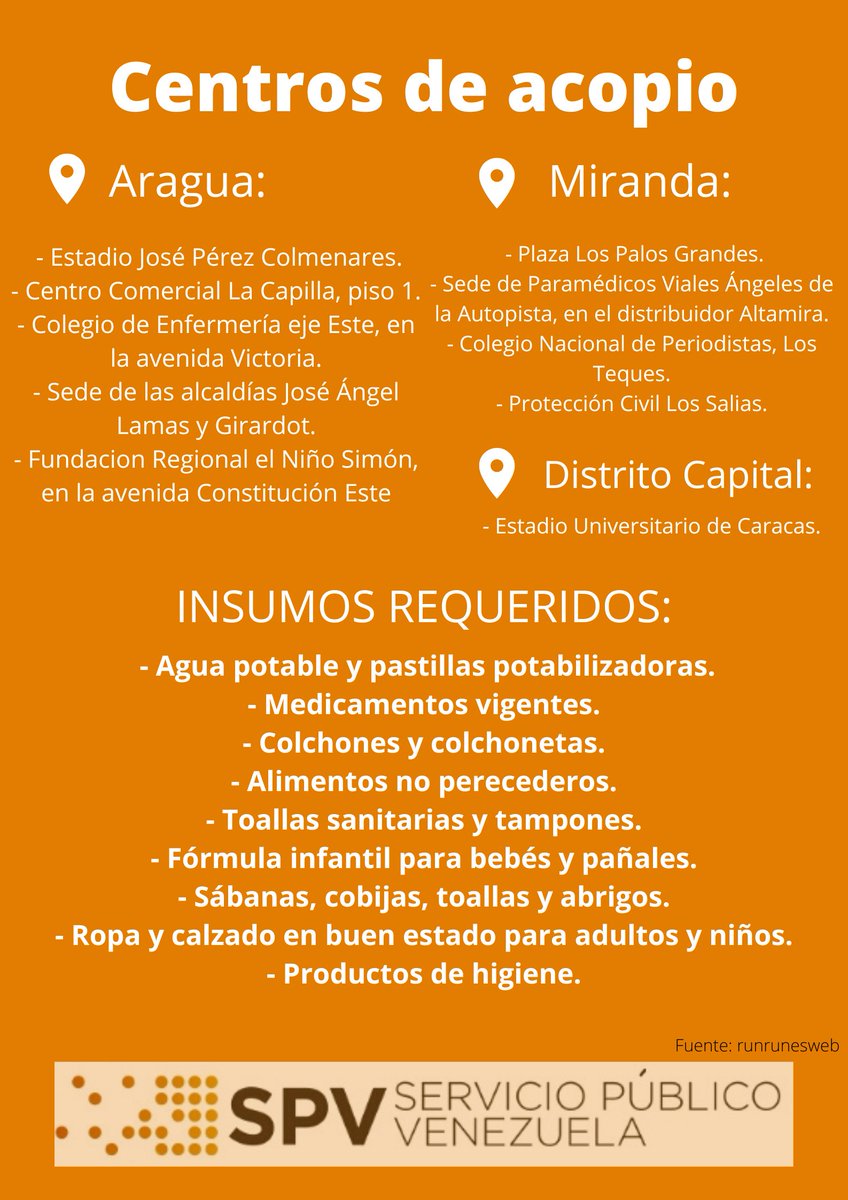 ¿Quieres colaborar con las personas en Las Tejerias? Aquí algunos de los centros de acopio y de insumos requeridos 👇🏻