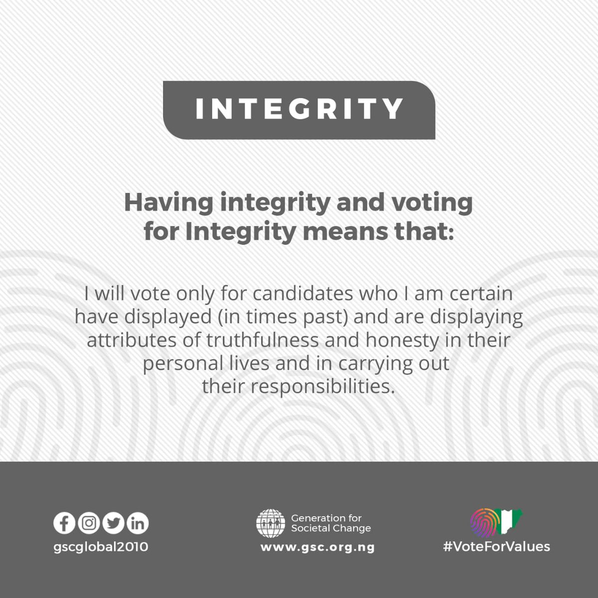 GSCglobal2010's tweet photo. As we gradually prepare for the 2023 elections that will decide the fate of our nation for the next four years, it is important to let our national core values guide our decisions.

GSC says #VoteForValues

#values #corevalues #nationbuilding #nationalvalues #nationaldevelopment https://t.co/FcDDyGlfMA