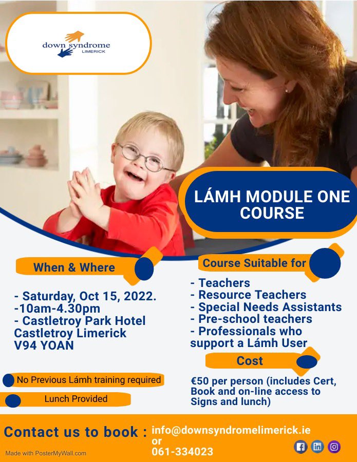 DSLimerick's tweet image. Do you work with someone who uses Lámh to support their communication?  Down Syndrome Limerick is hosting a Lámh Module One Course, face to face, this Saturday October 15.  A few places still up for grabs, book on our Events page on our website: 
downsyndromelimerick.ie/event/lamh-mod…