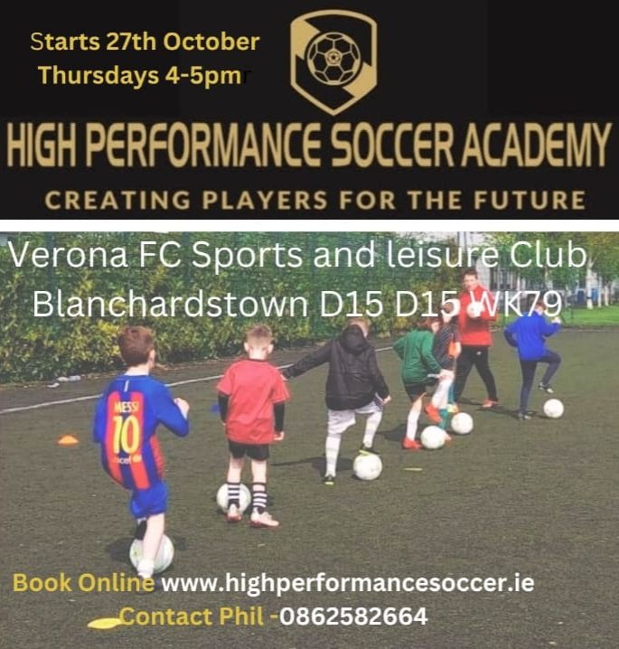 High Performance Soccer Academy is coming to Verona, starting from Thursday 27th October from 4-5pm 💙⚽️

For further details or booking options please see the link attached below 💙⚽️

highperformancesoccer.ie