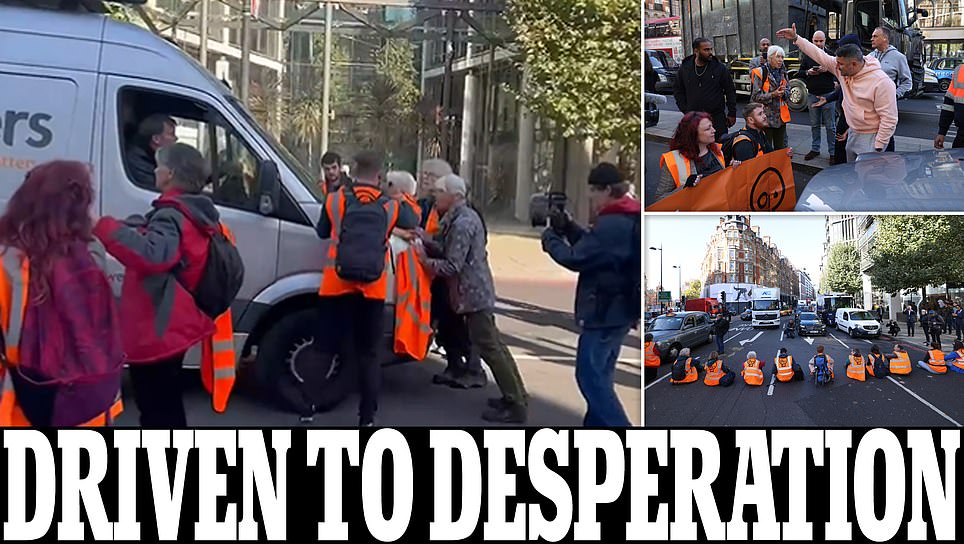 DailyMail's tweet photo. FURIOUS white van man ploughs through eco-zealots as taxi drivers drag Just Stop Oil protesters away https://t.co/60wTfhbTID https://t.co/UWvEiJz1hi