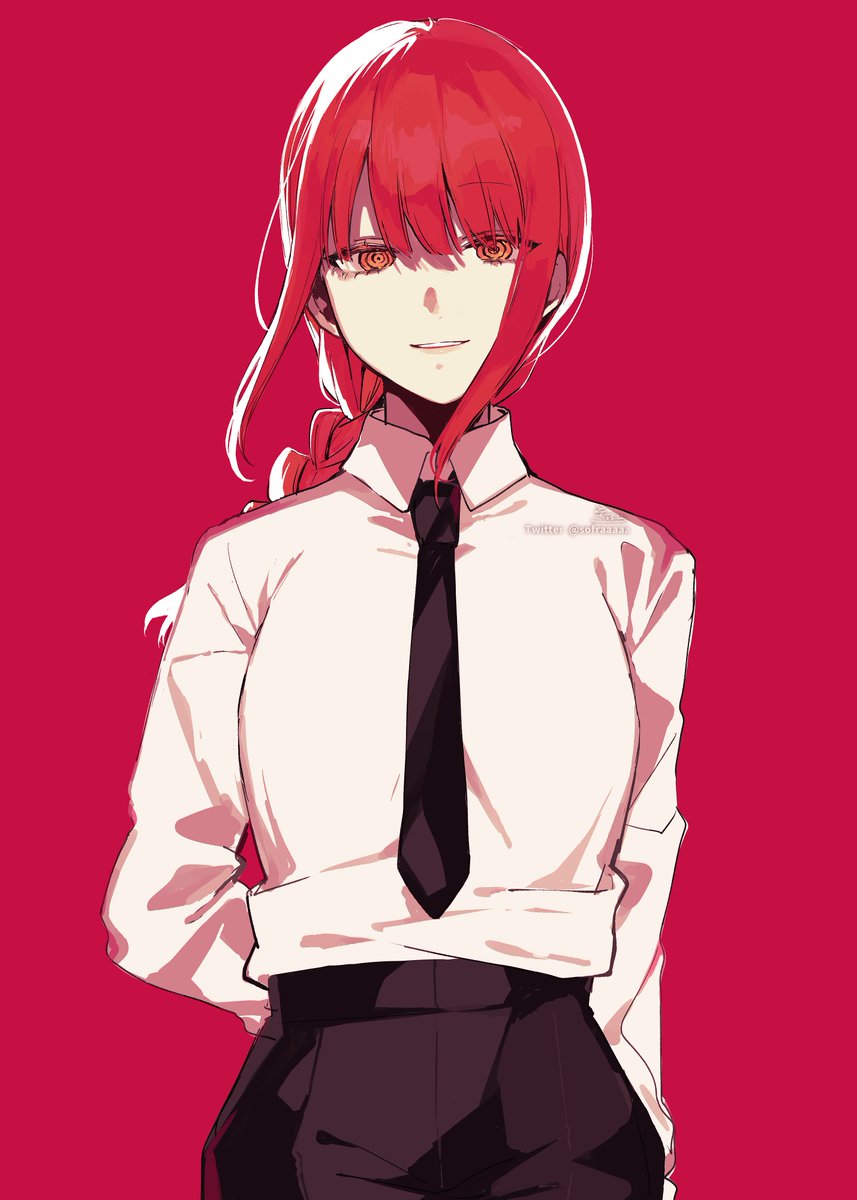 makima (chainsaw man) 1girl solo necktie ringed eyes red background shirt braid  illustration images