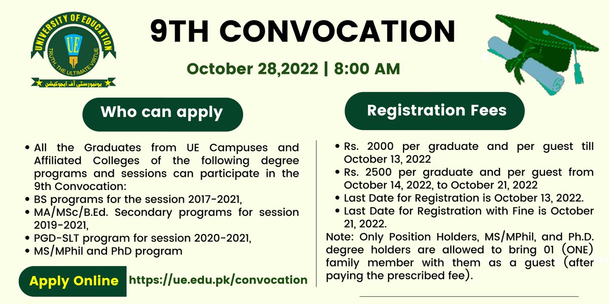 ue_edu_pk's tweet image. 9th CONVOCATION | October 28, 2022 
Get Registered: ue.edu.pk/convocation
 #UE #convocation2022 #convocation