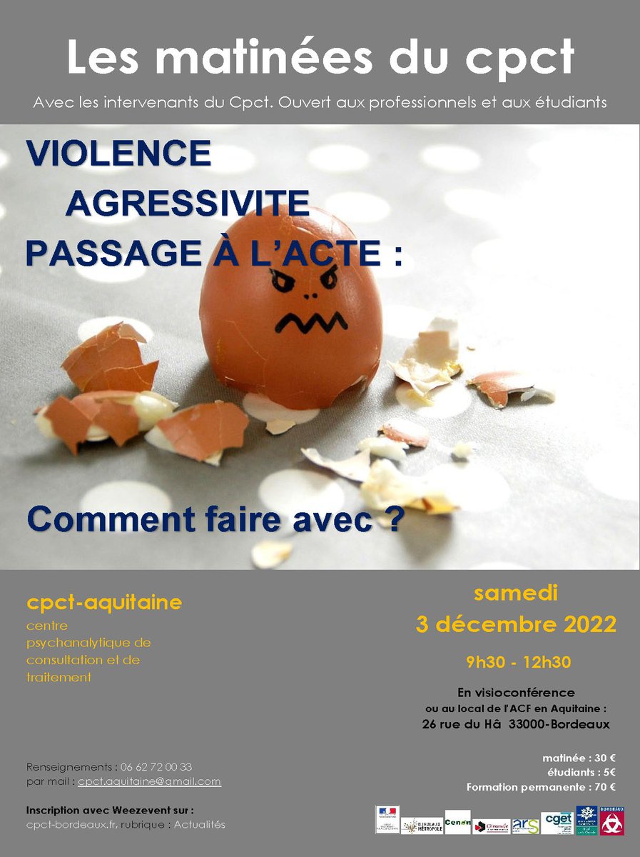 cpctbordeaux's tweet photo. Violence, agressivité, passage à l’acte : Comment faire avec ? – 
Matinée du CPCT Aquitaine
Samedi 3 décembre de 9h30 à 12h30 au 26 rue du Hâ, à Bordeaux
Renseignements au 06 62 72 00 33 et par mail : cpct.aquitaine@gmail.com
Inscription ici : https://t.co/RC7l5Lv2lG... https://t.co/lxMBVw2mcb