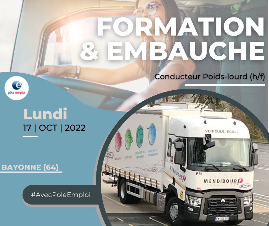 #EnFormation #AvecPoleEmploi
🚛Financement de 12 permis PL avec embauche à la clé au #paysbasque (formation 7 nov 22 - 7 fev 23). 
ℹ️ Réunion d'information (centre formation #Mendiboure à #Bayonne) le 17 oct.
>>> Inscription via mail à : transportlogistique.64016@pole-emploi.fr