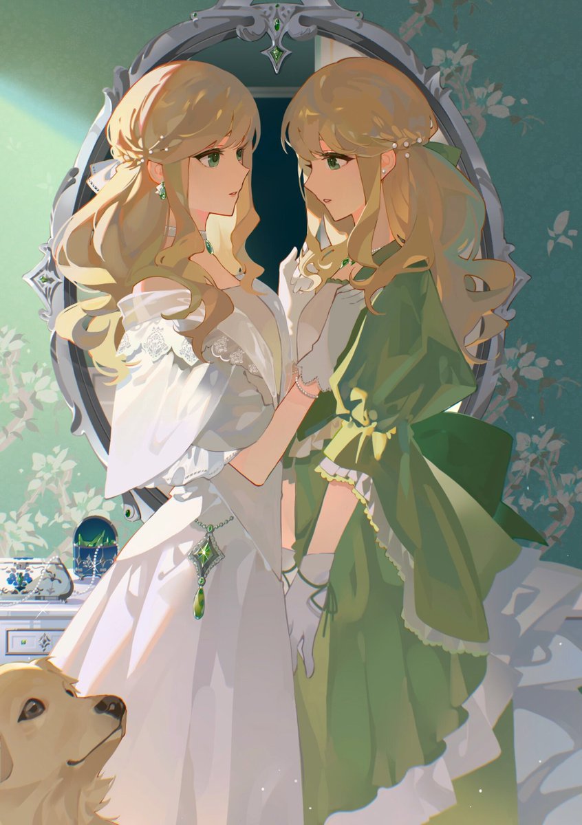 dress gloves jewelry blonde hair different reflection green dress white gloves  illustration images