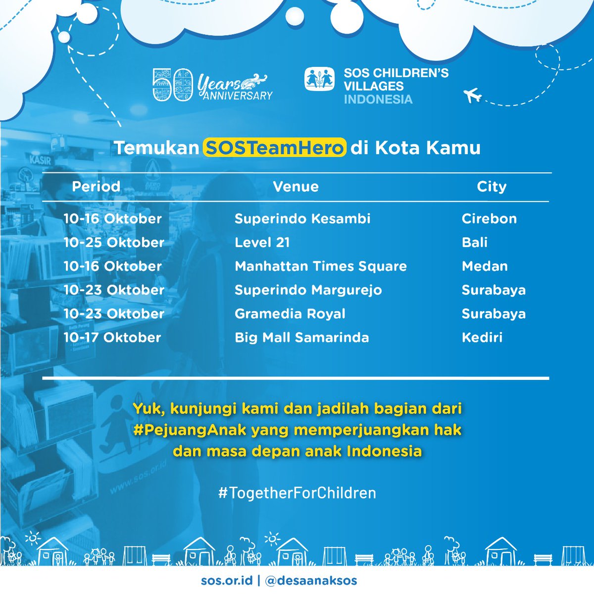 Ingin dampingi <a href="/desaanaksos/">SOS Children's Villages Indonesia</a> dalam memenuhi hak-hak dasar anak Indonesia?

Yuk, jadilah #PejuangAnak dengan mengunjungi booth-booth #SOSTEAMHERO di pusat perbelanjaan yang ada di Kota kamu!